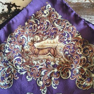 Vtg Polo Ralph Lauren 16 X 16 Purple Silk Pocket Square With Deer Ornate Scrolls